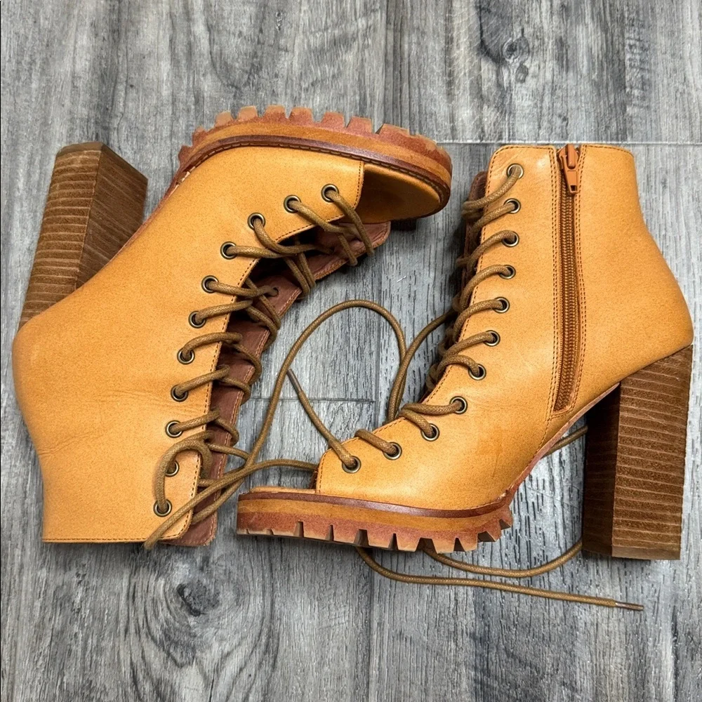 Jeffrey Campbell x Free People Palermo Heel Ankle Boots Tan 8.5 Open Toe Lace Up - Picture 3 of 8